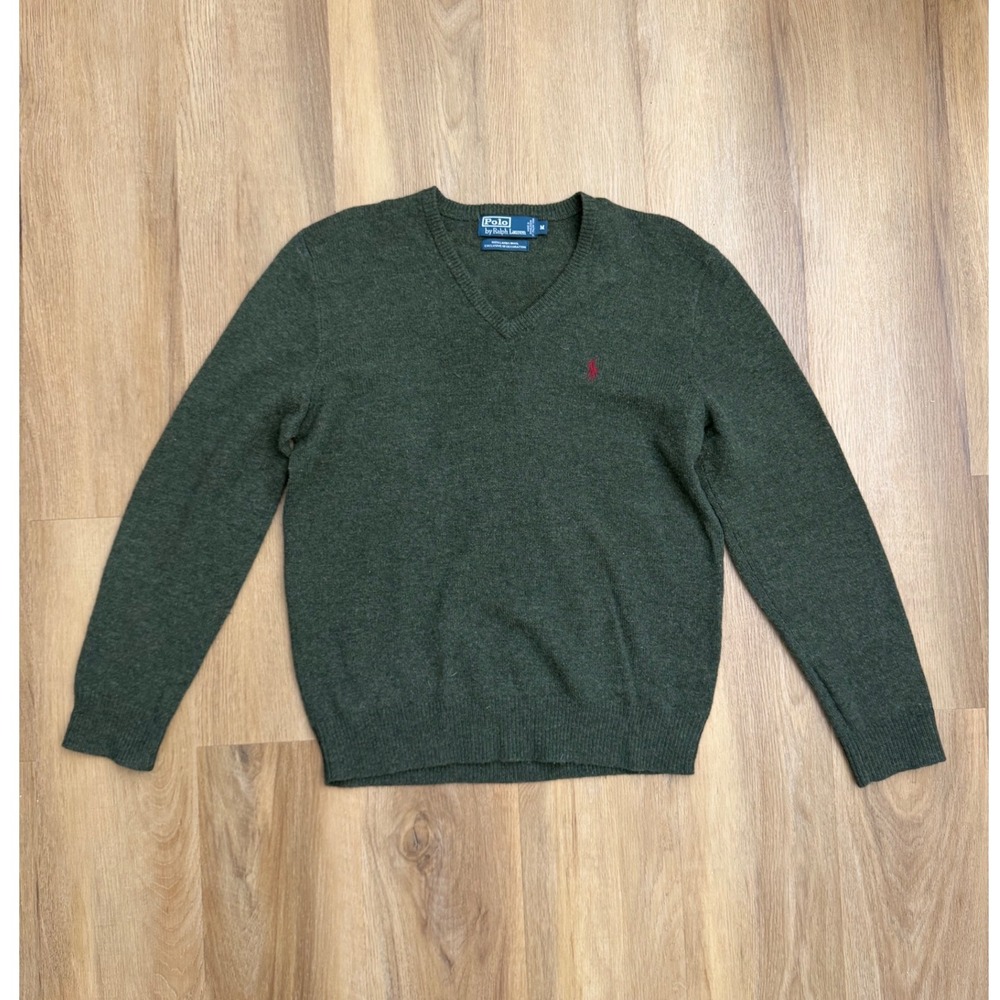 Polo Ralph Lauren Green V-Neck Sweater Mens Medium 100% Lambswool Italian Yarn